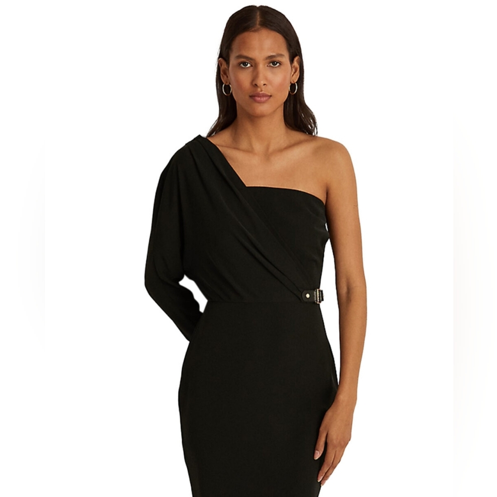 Ralph Lauren One-Shoulder Black Dress with Buckle Detail